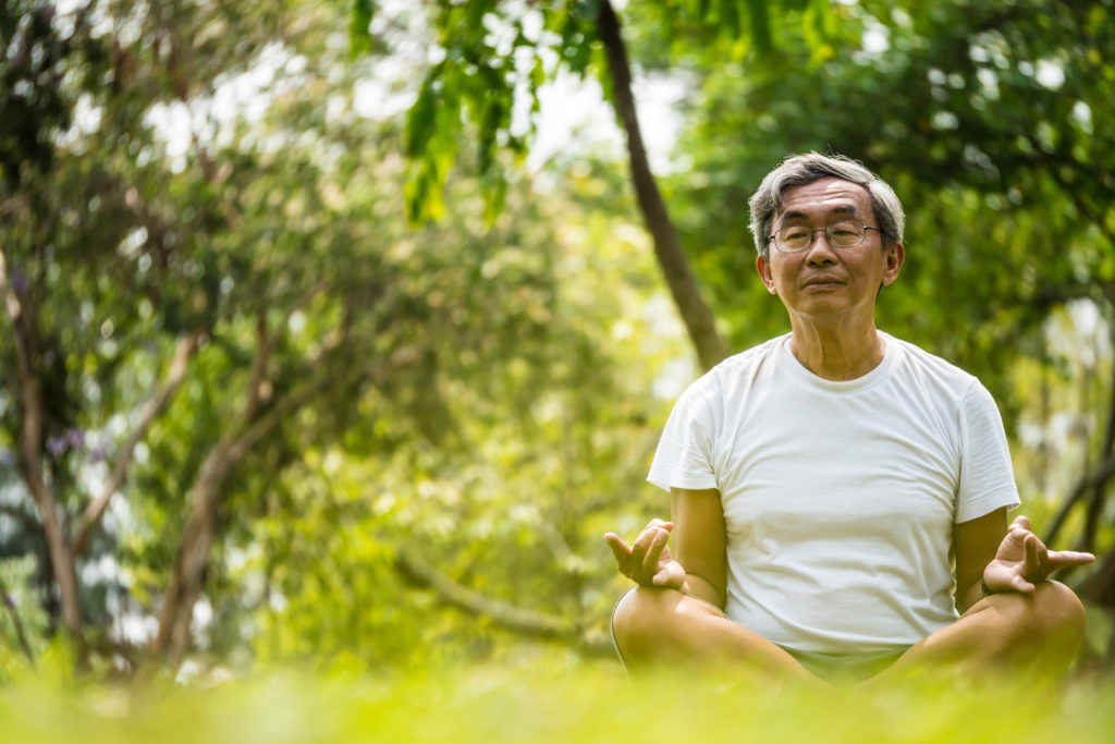 Senior man in lotus pose sitting on green grass in a park. Concept of calm and meditation.