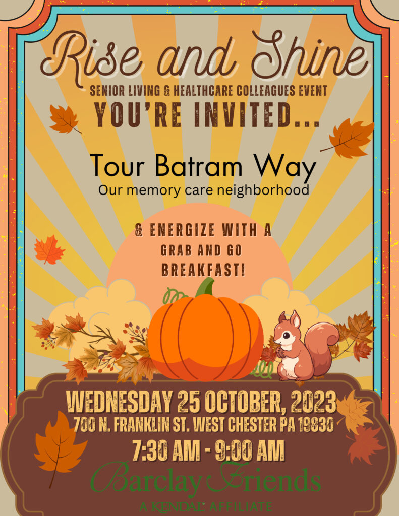 fall themed flyer with information on upcoming rise and shine event at Barclay Friends, a senior living community
