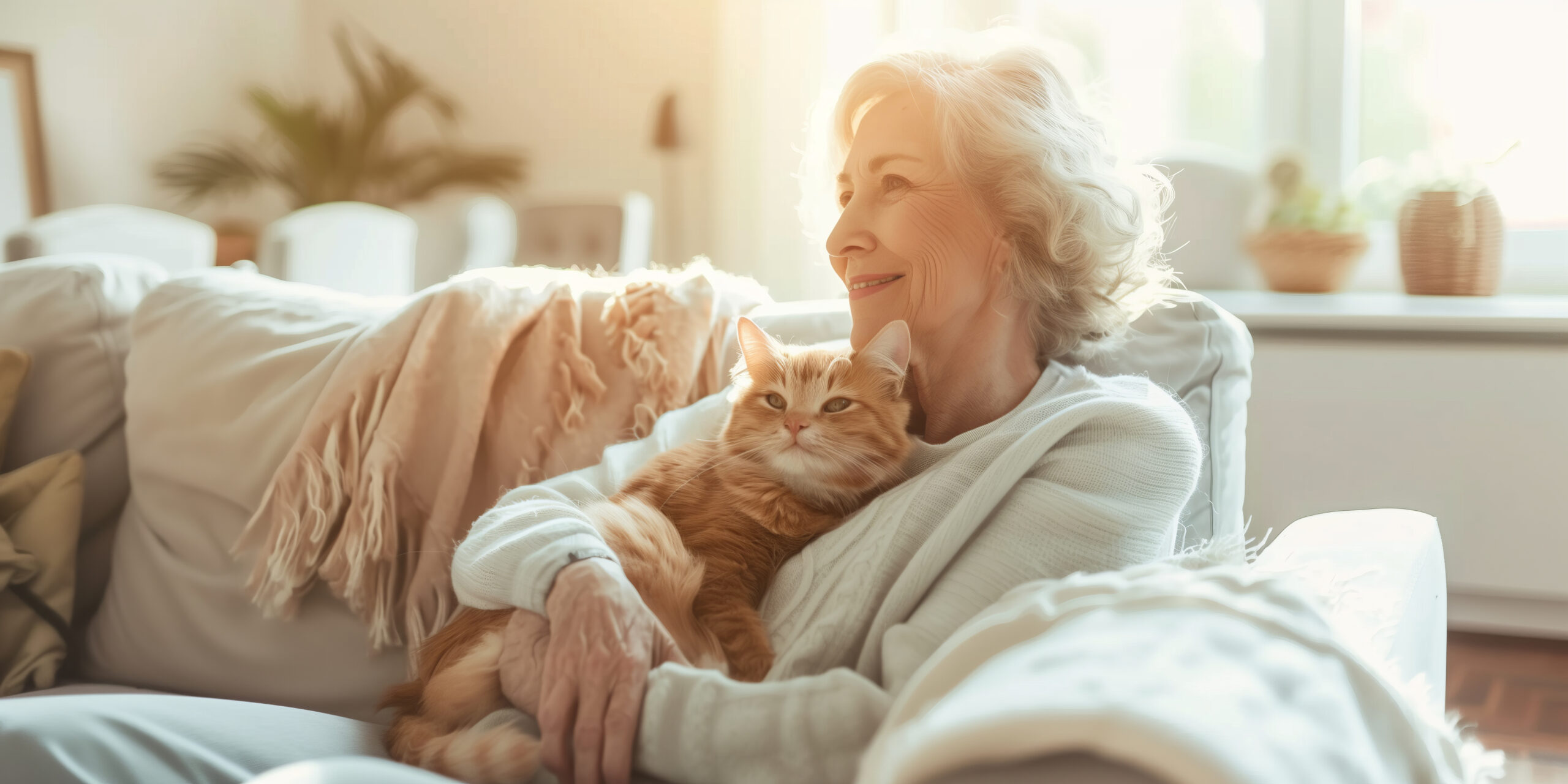 Cheerful elderly lady relaxing on a sofa in sunny white living room with a cat on her lap. Senior woman stroking her pet at home.